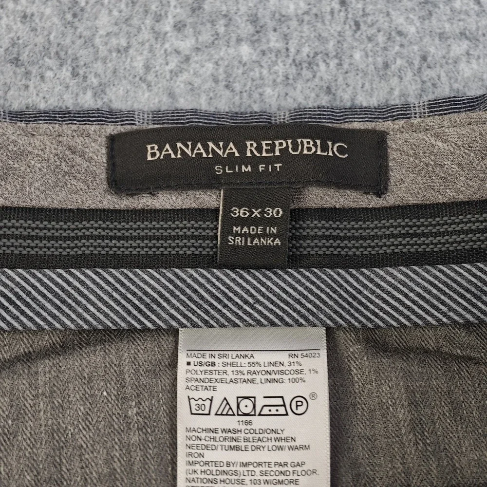 Banana Republic Pants Mens 36x30 Gray Windowpane Plaid Linen Blend Slim Fit